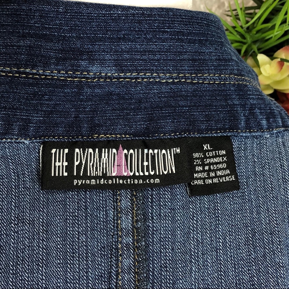 The Pyramid Collection Two-Tone Blue Denim Peplum Jacket with Ruffle Collar - Picture 7 of 9